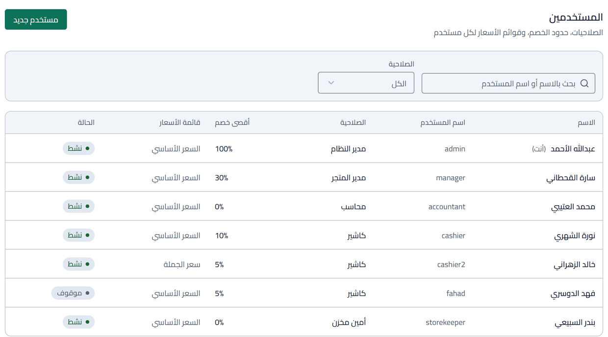 قائمة المستخدمين: لكل موظف صلاحيته (مدير، محاسب، كاشير، أمين مخزن) وأقصى خصم مسموح وقائمة الأسعار والحالة